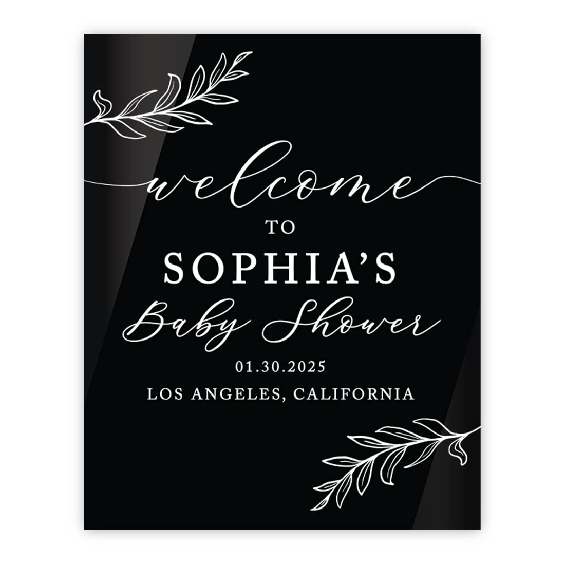 Andaz Press 16X20 Inch Black Acrylic Personalized Baby Shower Welcome Sign, Gender Neutral Large Custom Sign For Easel Stand, Rustic Laurel Leaves Baby Shower Decorations Neutral, Acrylic Welcome Sign