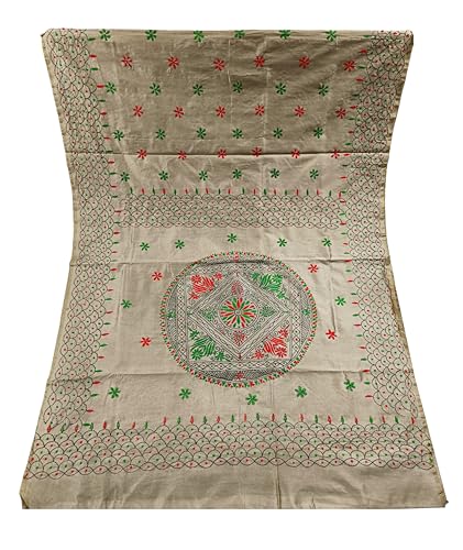 Image of SHRISTI CLOTHINGS Women's Hand Embroidered Cotton Silk Kantha Stitch Saree with Blouse Piece (J420724 GRAYOLIVE)