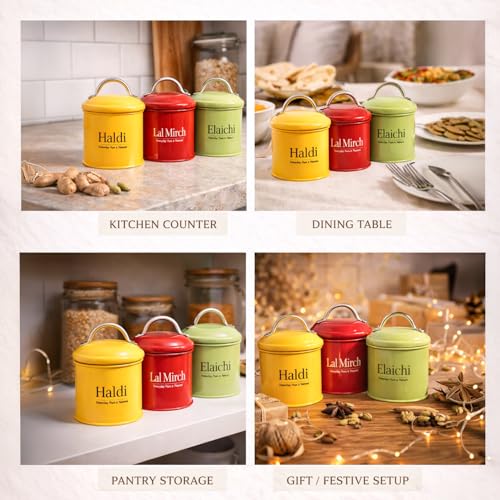 Image of MARKET 99 Metal Spice Jars Set of 6 (250 ml Each) - Multicolor Glossy Round Typographic Design Spice Storage Containers with Lid for Kitchen Storage, Spice Box & Organizer