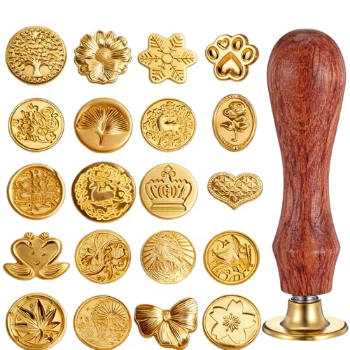 21 PCS Wax Seal Stamp Gold Wax Seal Kit with Removable Wooden Handle for Wedding Invitations and Gift Wrapping Vintage Style Sealing Wax Stamp Set with 20 Design Options