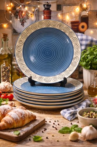 Image of Ceramic Plate Set,10 inches - Set of 6 Large Size Dinner Plate for Snacks, Appetizers etc. Handmade Stoneware Dinner Plate (Blue) (Blue Doodle)