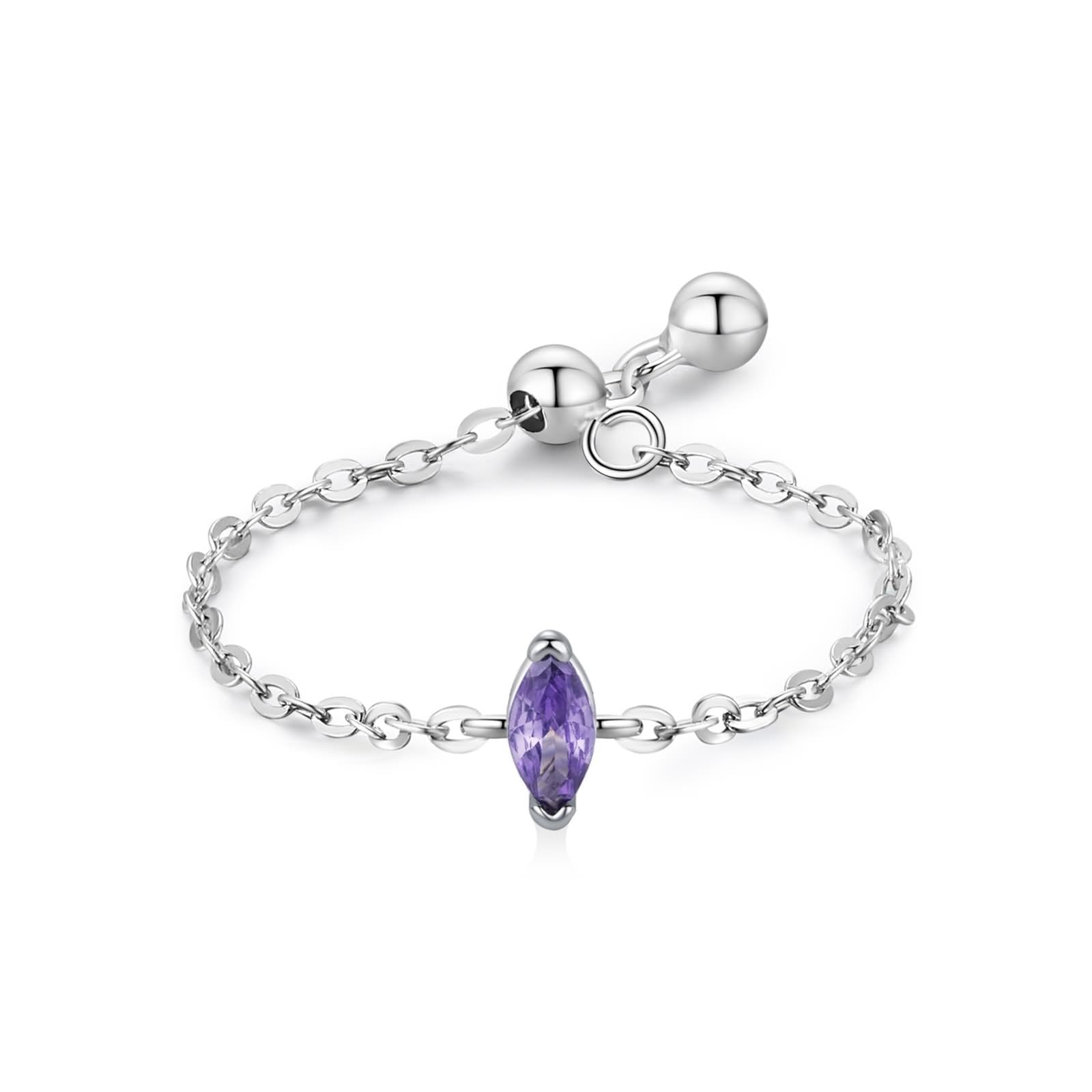 Anelli da donna vintage, anelli da donna, fidanzamento, catena regolabile con solitario marchese, ametista, 0,3 ct, oro bianco 14 carati, misura 63 (20,1)