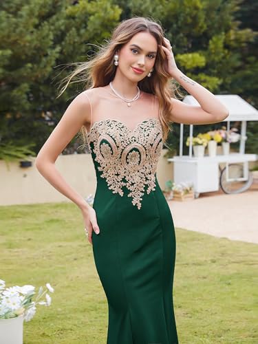Image of Prom Dress for Women 2025 Gold Lace Applique Long Sheer Illusion Mermaid Formal Dresses Evening Gown