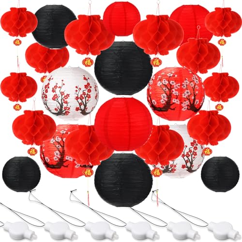 Lanternes japonaises en papier rouge blanc noir avec mini ampoules LED