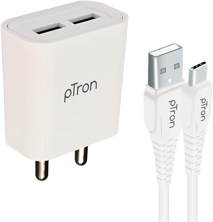 pTron Volta Evo 12W Dual USB Smart Charger with 2.4A Type-C USB 1-Meter Cable, Made in India, BIS Certified Fast Charging Power Adaptor - (White)