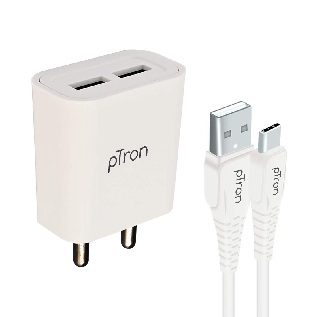 pTron Volta Evo 12W Dual USB Smart Charger with 2.4A Type-C USB 1-Meter Cable, Made in India, BIS Certified Fast Charging Power Adaptor - (White)