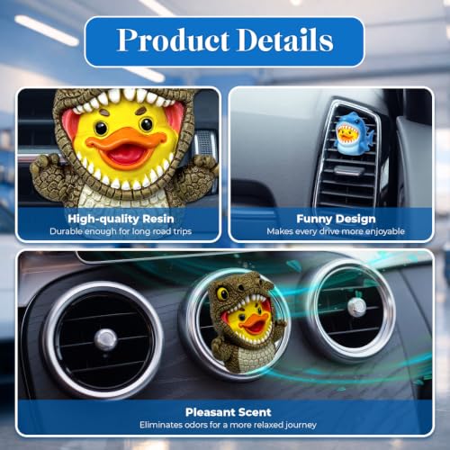 Image of GENANY 3D Resin 2Pcs Rubber Duck Car Air Freshener Vent Clip, Hand Painted Yellow Duck Dinosaur and Shark Costume Designs, Cute Automotive Freshener Gift for Duck Lovers