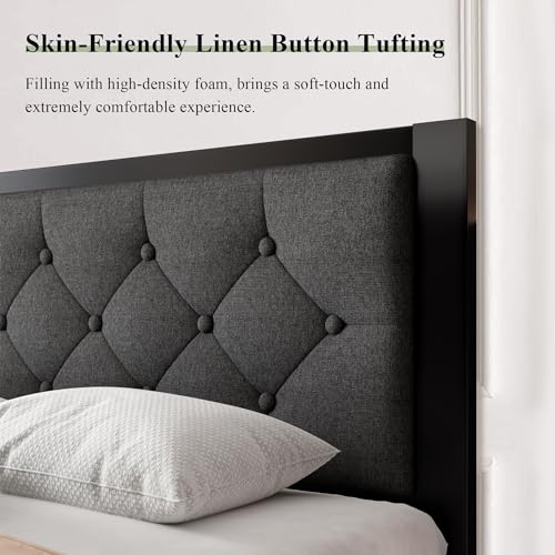 Image of Feonase Full Size Metal Bed Frame, Heavy-Duty Platform Bed Frame with Linen Upholstered Headboard, 12 inch Storage Space, Steel Slats Support, No Box Spring Needed, Gray