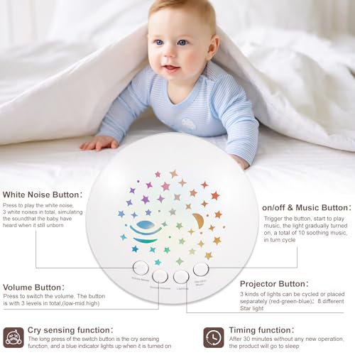 Baby Sleep Soother Cry Sensor Dinosaur Night Light Projector Baby Sound Machine Plush Stuffed Animal Toys for Boys Girls Pillow Ceiling for Toddler Lullabies & White Noise Sound - Image 2