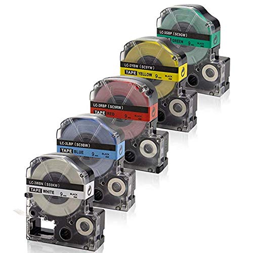 RETYLY 5 Stks 9mm Label Maker Tape Label Maker Zwart op Wit/Rood/Blauw/Geel/Groen Label Tape voor/KingJim Printer