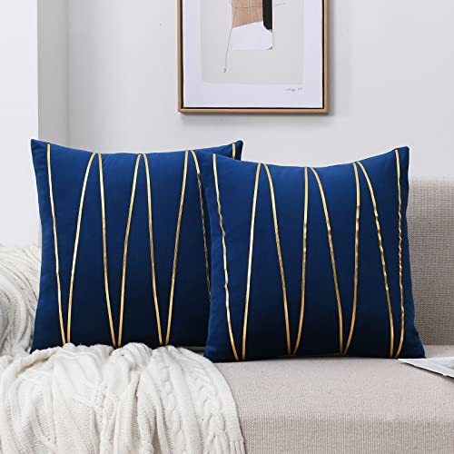 WACOMECO Soft Throw Pillow Covers - Pack of 2 Velvet Decorative Cushion Covers Cases for Sofa Bedroom Livingroom Car, 18" x 18", Navy Blue and Gold