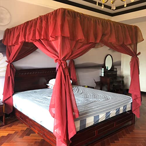 Red Romantic 4 Corner Post Mosquito Net with Luxury Bed Canopy Curtain Canopy 2-in-1 for Girls Women Adult Wedding Bedroom Kids Rooms Bed Decoration (Red Linen-with Top Cover, King)