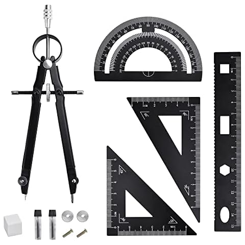 YAANBUNB 6 Pcs Geometry Set Aluminum Alloy Ruler Set Geometry Compass Set Math Ruler Geometry Tool Set Including Ruler, Protractor, Compass and Eraser for School Student Teacher Architects Engineers Cover