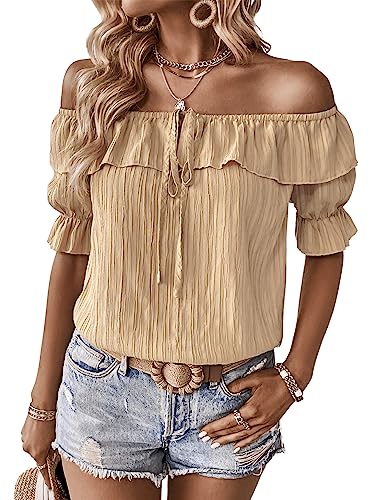 Verdusa Women's Ruffle Trim Off Shoulder Tie Front Short Sleeve Blouse Top Apricot S
