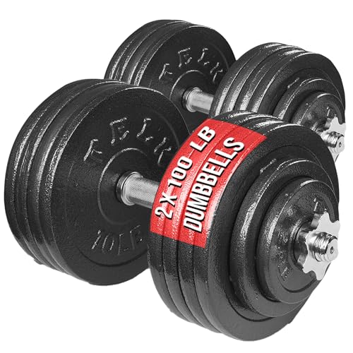 TELK – Adjustable Dumbbell Set 200 (100lb x 2) – Home Gym Weight Set with Baked Enamel Cast Iron Plates – Space-Saving Free Weights for Strength Training