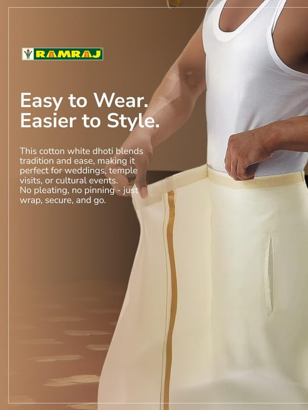 Image of Ramraj Cotton Men Cotton Blend Readymade White & Cream Dhoti With Gold Jari Border Genxt| Single Layer