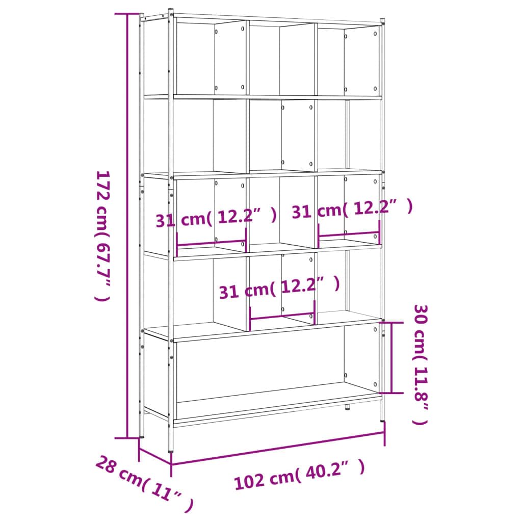 Estantería gris Sonoma 102 x 28 x 172 cm de material de madera con 5 estantes para salón, oficina y habitación infantil, solución de almacenamiento versátil, construcción estable, ahorra
