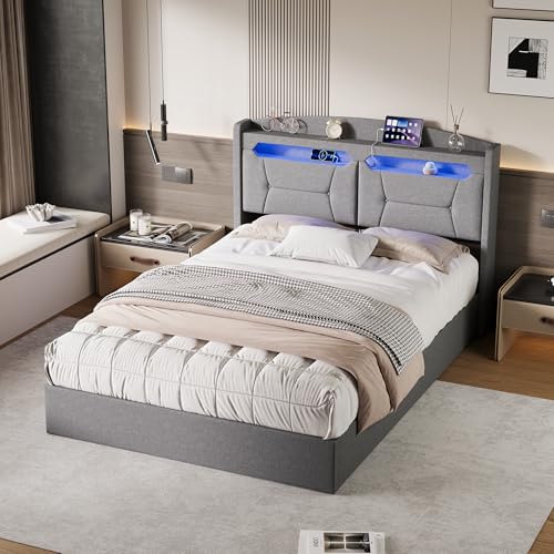 BLSYHDH - Cama con maletero de 140 x 190 cm con LED, cama acolchada con baúl acolchado LED hidráulico cama doble con almacenamiento camas acolchado camas para adultos (gris claro+lino, 140 x 190)