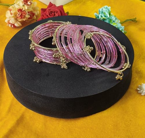 Image of NMII Viral Multi Colour Glass Bangles with Golden Ghungroo Charms & Stone Work For Women & Girls | Fancy Designer Glass Bangle | Traditional Chudi | Kanch Ki Churi | Stylish Ghungroo Bangle For Women