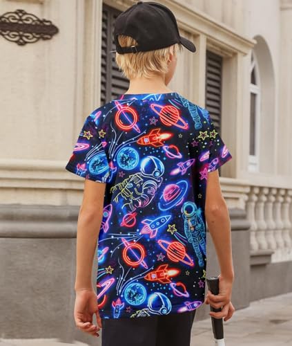 Image of uideazone Neon Rocket Tshirts for Boys Kids 8T Summer 80s Short Sleeve T-Shirt 3D Graphic Print Tee Shirts 8-9 Years