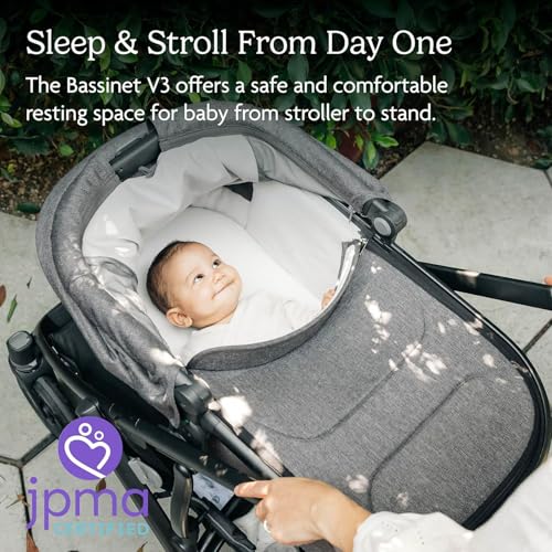 Image of UPPAbaby Bassinet V3 - Compatible with Vista, Cruz, Ridge Strollers - Overnight Sleep Solution - Mattress, Sheet and Bug Shield Included - Ada (Sandstone Melange /Carbon Frame)