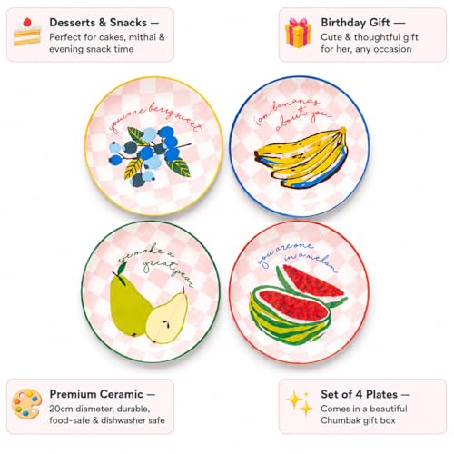 Image of Chumbak Ceramic Dessert Plate Set of 4 | Fruit Design Plates for Serving Cakes, Snacks & Desserts | Cute Birthday & Housewarming Gift for Her | Dining & Tableware