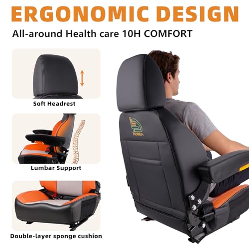 Image of Universal Orange Ergonomic Tractor Seat with Adjustable Backrest, Armrests & Safety Belt And Micro Switch- Replacement for Zero Turn Mowers, Forklifts, Skid Steers, Loader Telehandler Dozer Excavator