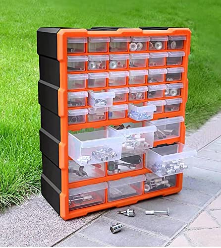 39段 多機能収納ボックス 引き出し部品箱プラスチックネジ箱長方形仕切り箱金具電子部品収納箱プラスチック複合工具収納ボックス工具收納箱事務用品DIY部品収納ボックス壁掛け可能 (L38*W16*H46.8cm, 橙色)