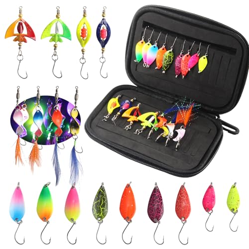 CHENYU 17 Piezas Cucharillas Pesca 1,5g/2,5g/3,5g Cucharilla Lucio con Caja Señuelos Pesca Mar Multicolor Poteras Calamar Cobre Señuelos para Trucha Perca Lucio y Lucioperca Camarones Cangrejos