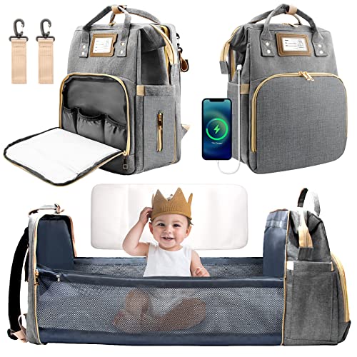 Image of DAVFUN Diaper Bag Backpack with Changing Station, Portable Foldable Baby Bags for Boys, Large Capacity Waterproof Travel Bags with Changing Pad and Stroller Straps for Mom Dad (Grey)