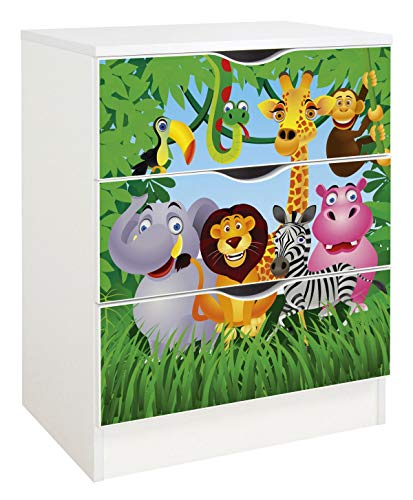 Leomark Commode en Bois avec 3 tiroirs - Roma - Blanche Meuble pour Chambre d'enfant, Style scandinave, Meuble de Rangement, Dim : 60 x 42 x 78 cm (Animaux)