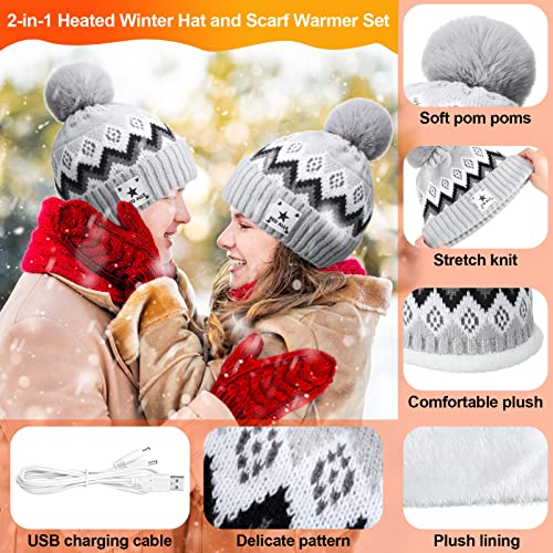 USB Heated Hat Scarf Set Winter Knitted Beanie Hats Touch Screen Gloves Ear Muffs Warm Gloves Neck Warmer for Women Men, Gray3