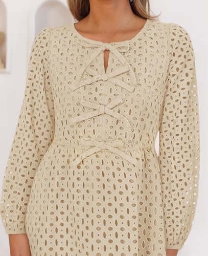 ZESICA Women's Long Sleeve Mini Dress 2025 Fall Crewneck Tie Front Hollow Out Eyelet Babydoll A Line Short Dresses4