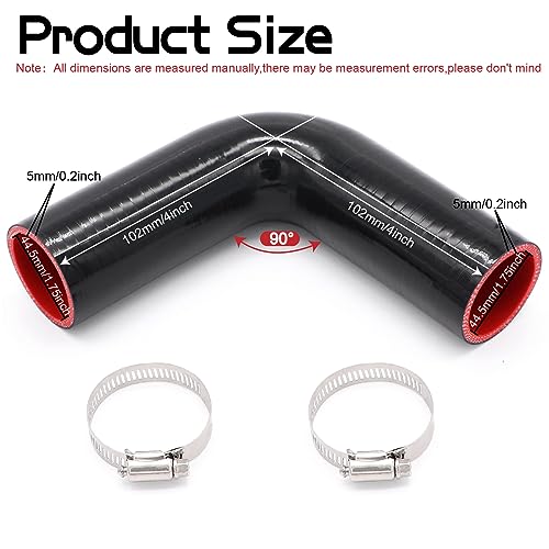 Image of 90 Degree ID 1.75inch(45mm) Elbow Coupler Silicone Hose 4-Ply with 2PCS Stainless Steel T-Bolt Clamp