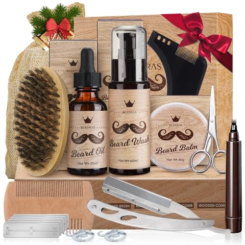 Bledras Kit Cuidado Barba Hombre 13 en 1, Cuidado Barba Hombre con Aceite Para Barba, Champú Para Barba, Crema Para Barba, Lápiz Para Barba, Tijeras, Cepillo Para Barba, Peine Para Barba
