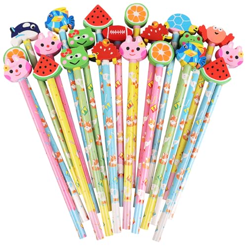 SULILO 24 Bleistifte mit 24 Radiergummis Kinder Set Tier- und Frucht-Design Bleistifte mit Radiergummi für Kinder Geschenk