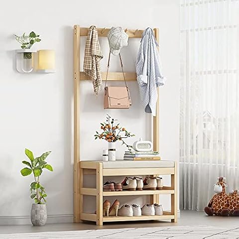 Bagewinner Perchero con Zapatero, Madera Perchero de Pie con Banco,Colgador Ropa con 5 Ganchos y 3 Estantes Madera Zapatero Cover
