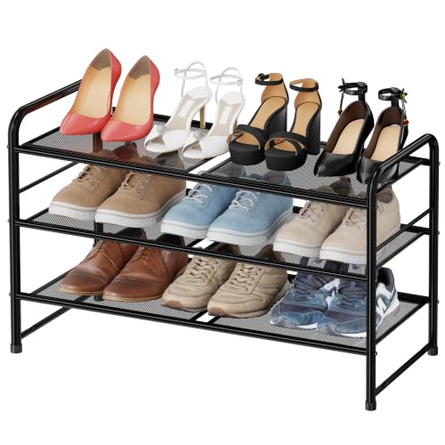 Image of Shoe Rack, 3 Tier 27 inch Wide Metal Mesh Shoe Organizer for Closet Holds up to 9-12 Pairs, Stackable, Black