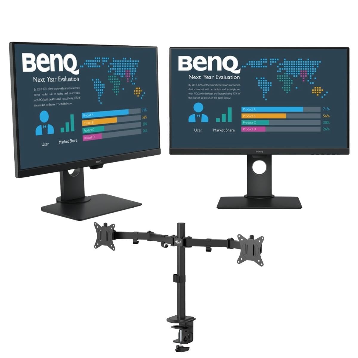 BenQ (2 BL2780T 27" Full HD 16:9 IPS Business Monitor with Eye-Care Technology, Built-in Speakers, Ergonomic Design, Black + HA Dual Monitor Desk Mount Stand