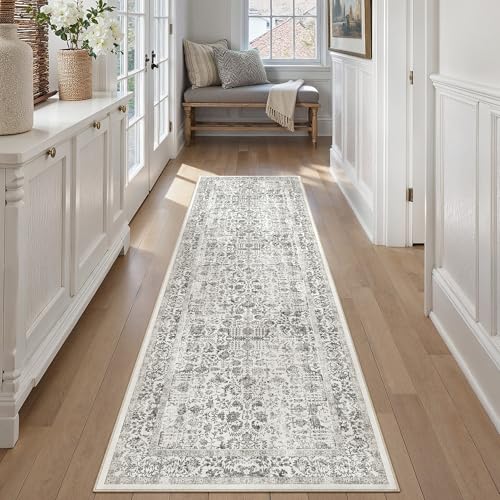 Black Runner Rug 3x8 Hallway Machine Washable Kitchen Vintage Distressed Non Slip Long Carpet Indoor Retro Floral Bedroom Accent Throw Rug for Bathroom Office Laundry Dining Room