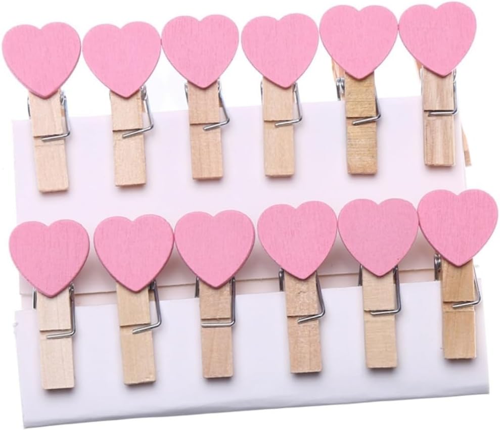 SHOWERORO 100pcs Mini Colored Heart Wooden Clips for Photos Memos Craft Projects Cute Decorative Holders for Home Office Birthdays Weddings Pink