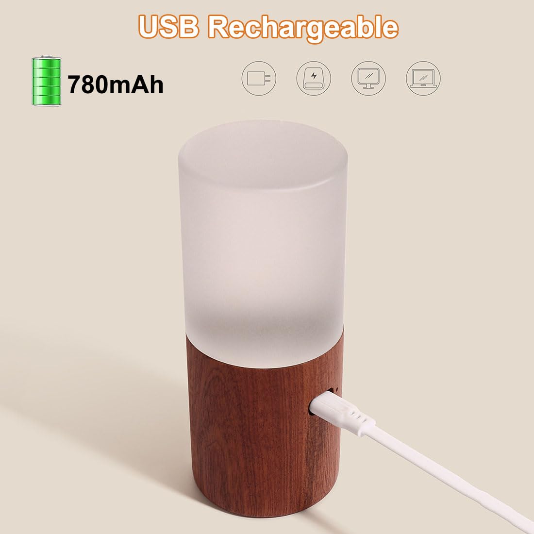 EaEa Nachttischlampe Touch Dimmbar Holz LED Tischlampe Akku mit Schwerkraftsensor, 3000K Warm licht& 7 Farben RGB, Kabellos Tragbar Nachtlicht USB Aufladbar für Schlafzimmer Wohnzimmer Kinderzimmer,B