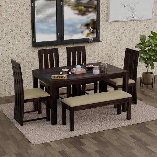 Image of 57 Inch Length Solid Sheesham Wood 6 Seater Dining Table Set | Six Seater Dinner Table with 4 Cushions High Chairs & 1 Bench | Dinning Table Set 6 Seater for Living Room | Walnut Finish