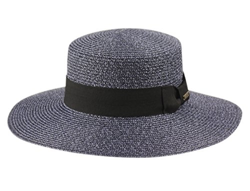 Grosgrain Band Wide Porkpie Boater Derby Flat Top Fedora Sun Hat (Metallic Blue)