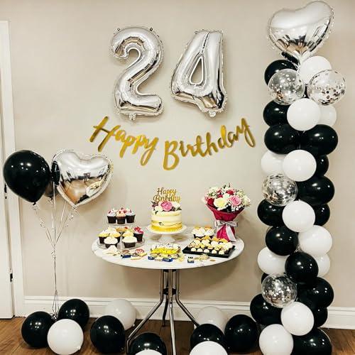 Image of SpecialYou.in 24th Happy Birthday Decoration Kit,Black & White Balloons for Decoration,Silver Heart Foil Balloon for Birthday Decoration Items for Girls,Pinterest Finds Aesthetic Birthday Decor-52Pcs