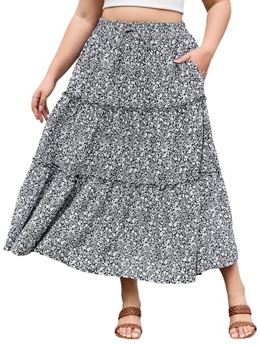 Womens Plus Size Boho Maxi Skirt Floral Tiered Long Flowy Maxi Skirt with Pockets High Waisted Summer Beach Skirt