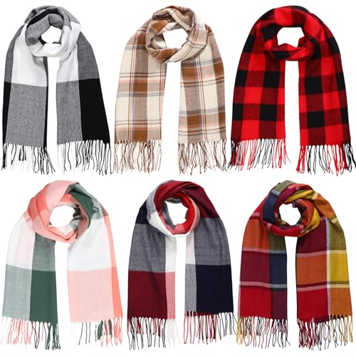 Coume 6 Pcs Women Scarf Women Winter Warm Long Soft Plaid Tassel Buffalo Scarf Blanket Large Knit Tartan Wrap Shawl Gift