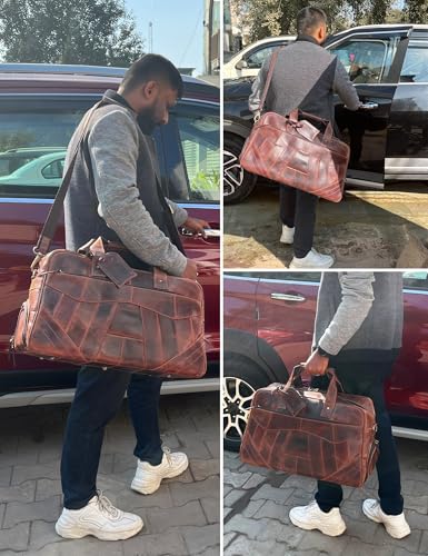 Image of Leather Duffle Bag for Men - Full Grain Leather Travel Overnight Weekender Carry On Tote Duffel Bag, Walnut Brown (With Shoe Pocket), Large, Walnut Brown (With Shoe Pocket)