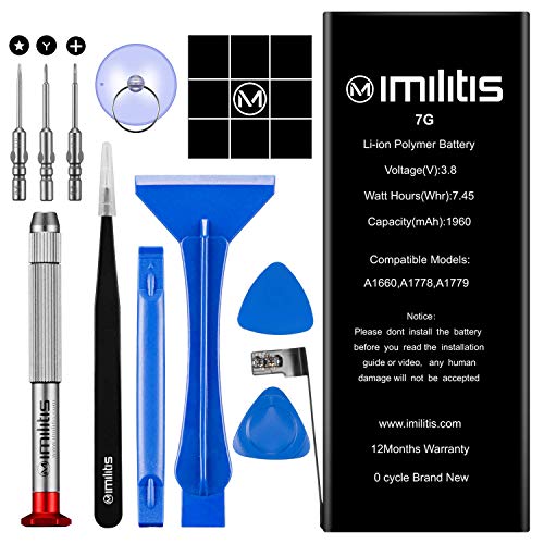 IMILITIS Battery for iPhone 7- High Capacity Li-ion Polymer iPhone 7 Battery Replacement Kits with Pro Repair Tools and Display Adhesive-USA Ti Chip- Video Guide