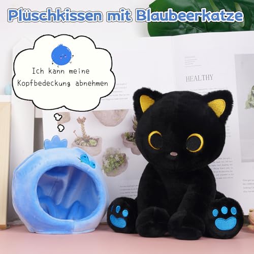 MUFEIRUO Schwarze Katze Plüschtier mit Blaubeer-Kopfhaube,Katze Plüsch Stofftier mit Abnehmbare Kapuze,Kuscheltier Geschenk zum Geburtstag,Halloween,Weihnachten